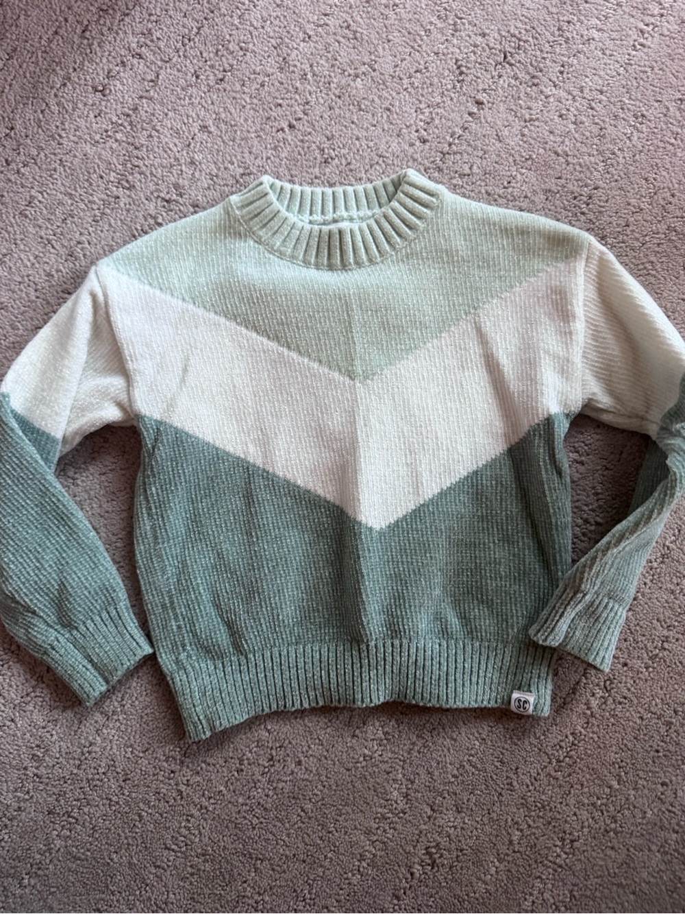 Chevron Knit Pullover Sweater - Sage Green & Cream